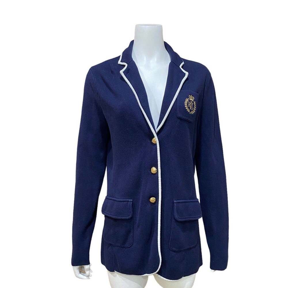 Ralph Lauren LRL Cardigan Sweater Knit Blazer L Large Black Crest Monogram Crown